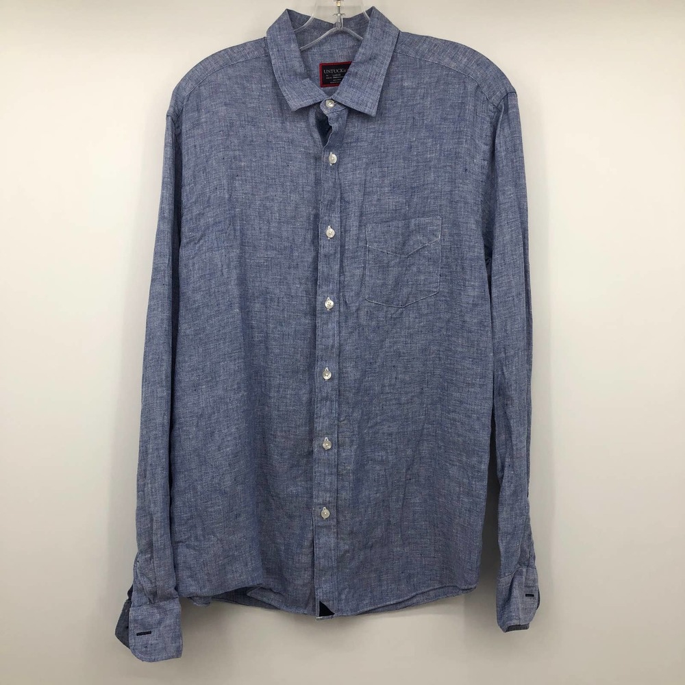 UnTuckit Blue Linen Button Down Shirt Mens Large Slim Fit